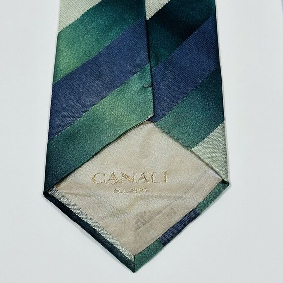 CANALI Necktie Tie Silk Blue Green Tan Stripe Italy EUC - Picture 5 of 8